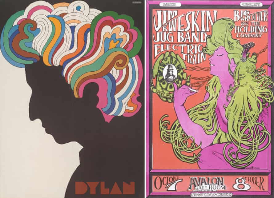 Bob Dylan album cover designed by Milton Glaser, left, and 1966 poster designed by Alton Kelley.