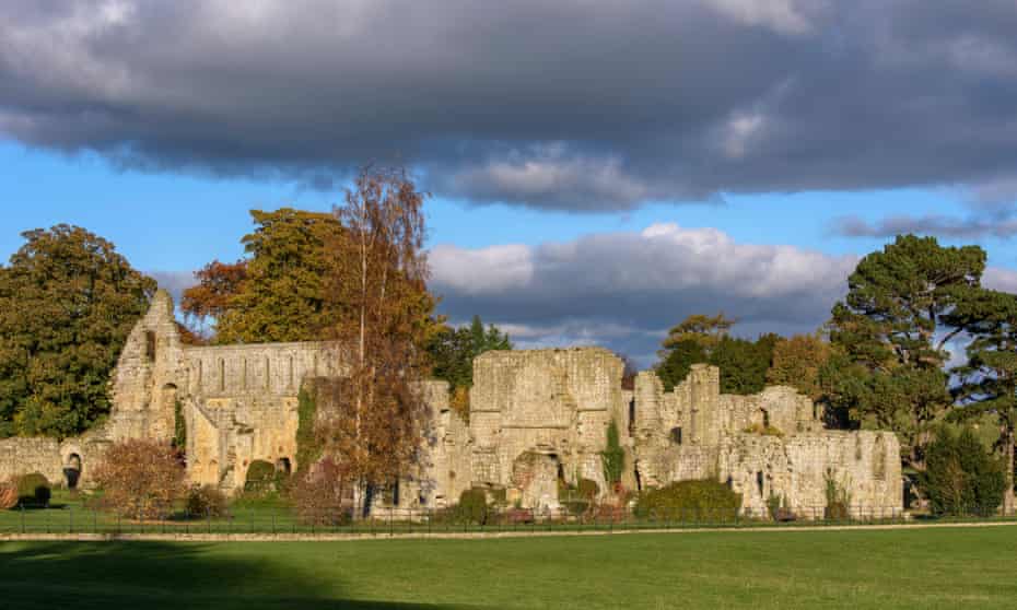 Sunset and blue sky at the ruins of Jervaulx Abbey.