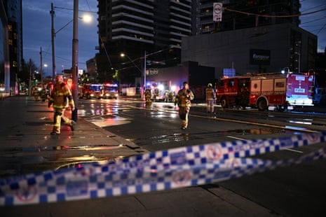 Firefighters at the scene of a factory fire on Clarendon Street in Southbank, Melbourne