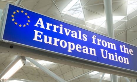 Arrivals from the European Union sign at the exit to Stansted Airport, England