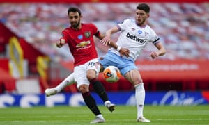 Declan Rice, in action here against Manchester United, is wanted by Chelsea but is key to West Ham’s fortunes.