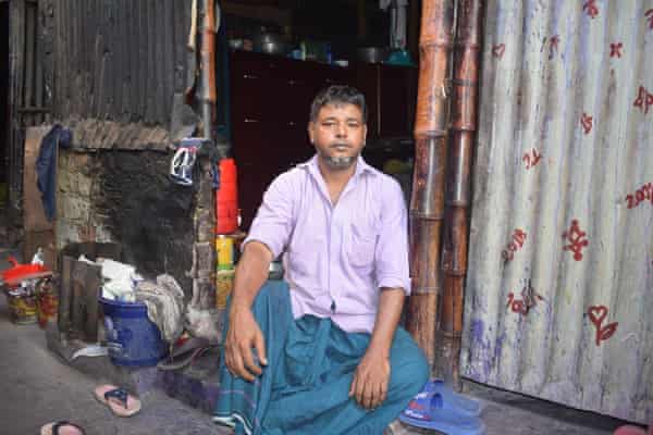 Rickshaw rider Habibur Rahman in front of his shack. He cooks, eats and sleeps in his one room. He has now spent 30 thirty years in the Kalyanpur slum of Dhaka.