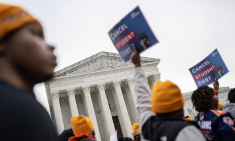 Activists and students protest in front of the supreme court during a rally for student debt cancellation in Washington DC on Tuesday.