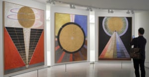 Group X, No 2, Altarpiece, Group X, No 3, Altarpiece and Group X, No 1, Altarpiece (left to right) by painter Hilma af Klint (1862-1944) hanging in the Guggenheim.