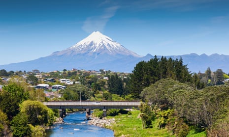 Mount Taranaki and in the foreground the Waiwhakaiho River and city of New Plymouth.