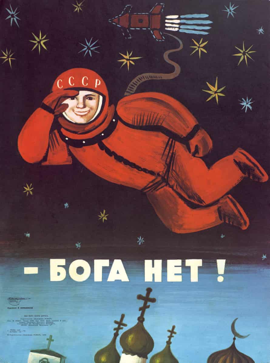 A poster showing a cosmonaut walking in space and saying: ‘There is no god.’ By Vladimir Menshikow, 1975