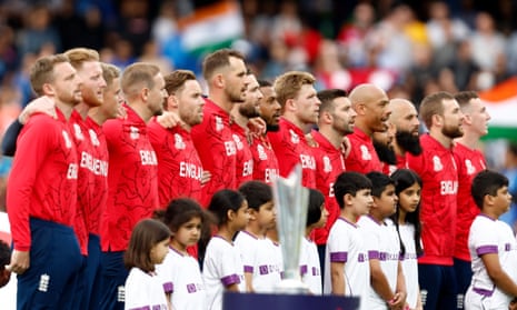 The England players line up for the national anthems ahead of the men's T20 World Cup semi-final.