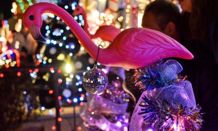 A pink flamingo lawn ornament adorned with a disco ball for the winter holidays. Thanks to John Waters’ film Pink Flamingos, the bird has become a symbol of Baltimore kitsch.