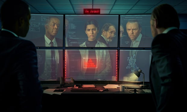 Andrew (Adrian Lester), Saara, John and Danny (Simon Pegg), reflected on a row of computer screens.