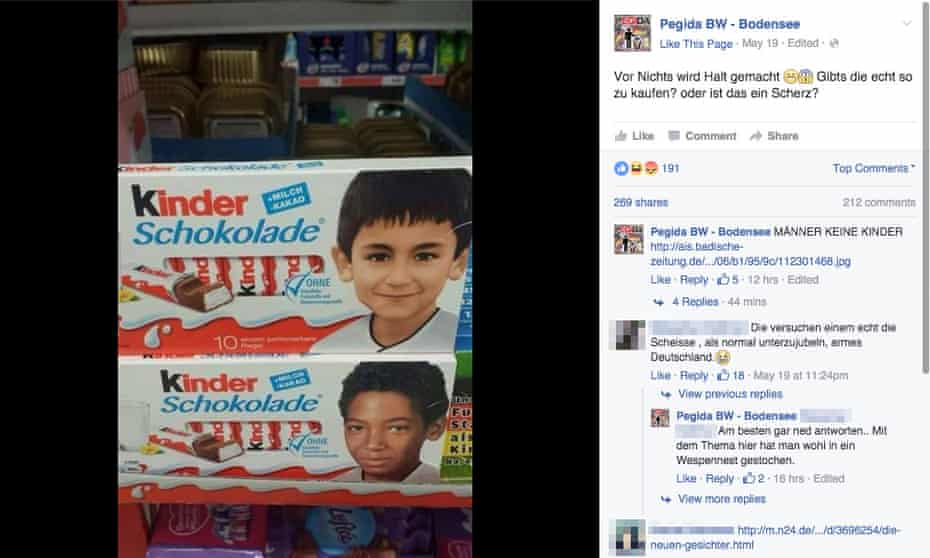 Pegida’s post on Facebook showing two of the Kinder chocolate bar wrappers.