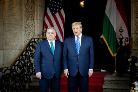 Viktor Orbán and Donald Trump at Trump’s Mar-a-Lago estate in Palm Beach, Florida, on 8 March.