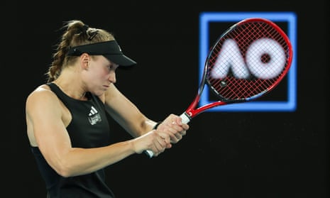 Elena Rybakina fires back a return against Victoria Azarenka during their semi-final at the Australian Open.