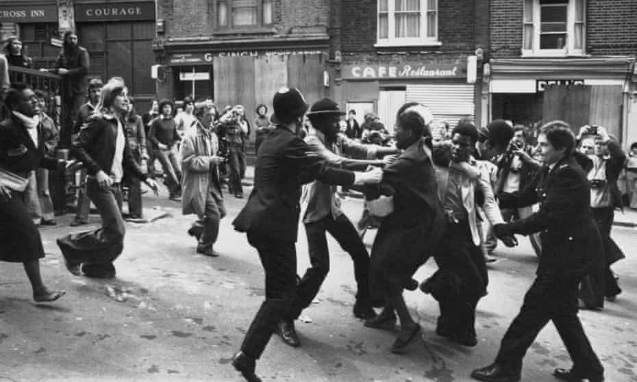 Police clash with anti-fascist demonstrators during a National Front march in New Cross, London, in August 1977.