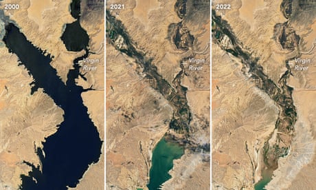 a composite of three images showing reducing water levels of Lake Mead