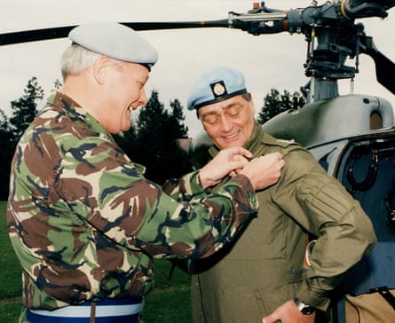 The Duke of Westminster receiving his army wings from the chief of the general staff, General Sir Michael Walker, after executing a perfect helicopter landing into Netheravon airfield, Wiltshire.