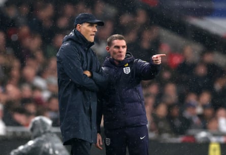 Thomas Tuchel and his adjunct Anthony Barry during England’s 2-0 triumph complete Serbia