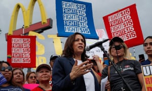 Democratic presidential candidate Sen. Kamala Harris, D-Calif., speaks to people protesting for higher minimum wage outside of McDonald’s, Friday, June 14, 2019, in Las Vegas. (AP Photo/John Locher)