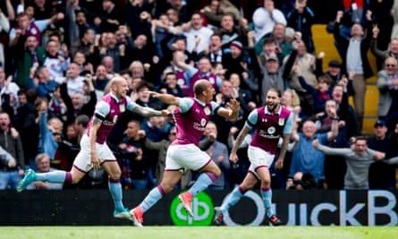 Gabriel Agbonlahor of Aston Villa celebrates after scores for Aston Villa during the Championship derby match against Birmingham City at Villa Park in April 2017.
