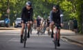 A pack of cyclists approach on the Outer Ring of Regent's Park