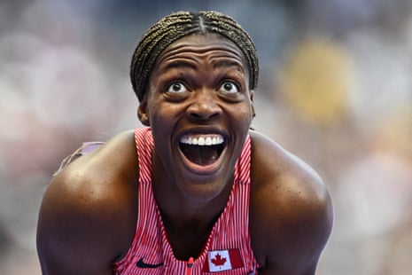 Canada’s Jacqueline Madogo reacts after competing in the women’s 200m repechage.