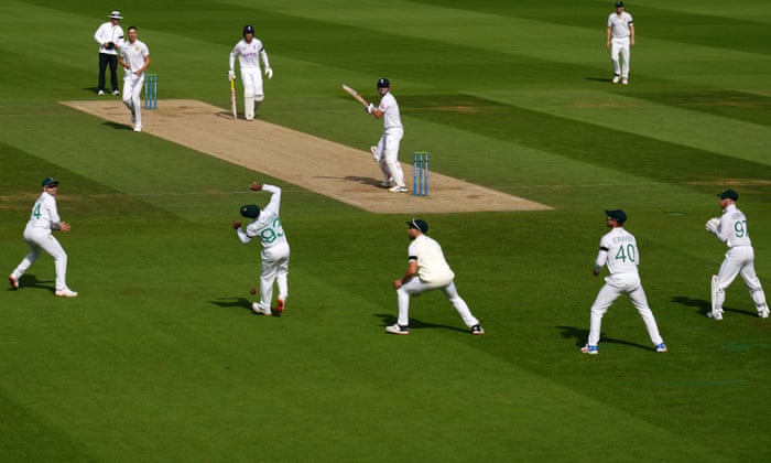 England's Alex Lees clips over South Africa's Keegan Petersen.