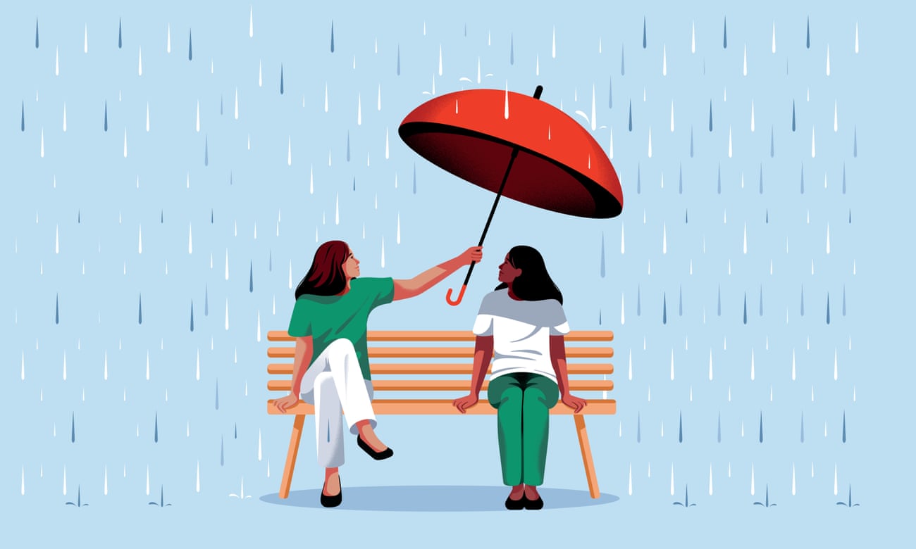 park bench in rain one person holding umbrella over another
