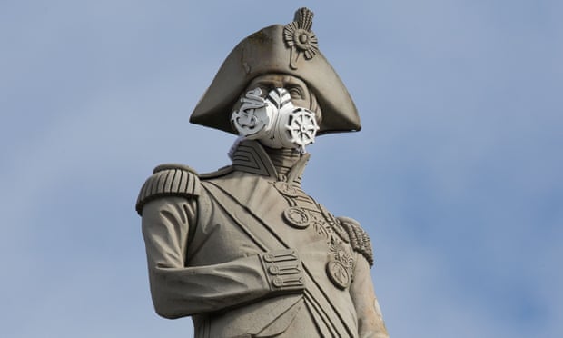 Lord Nelson is seen wearing a mask in Trafalgar Square after a stunt by Greenpeace in April 2016.