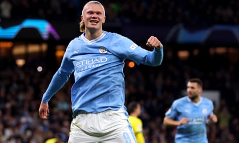 Erling Haaland celebrates scoring the opener for Manchester City against Young Boys