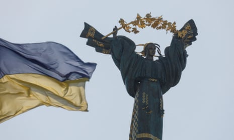 The celebration of the Independence Day in KyivA Ukrainian national flag waves in front of the Independence Monument in the centre of Kyiv.