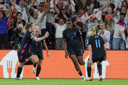 Michelle Agyemang, centre, celebrates the late equaliser she scored to take the semi-final into extra time.