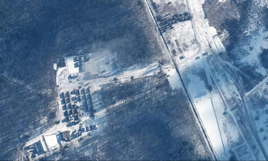 A satellite image taken on 22 January showing troops and equipment at a training ground in Brest, Belarus.