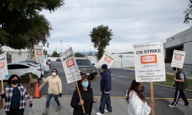Striking workers at the Jon Donnaire Desserts plant in Santa Fe Springs.  In the first year of the pandemic, Rich Products, which owns the plant, reported more than $4bn in revenue.