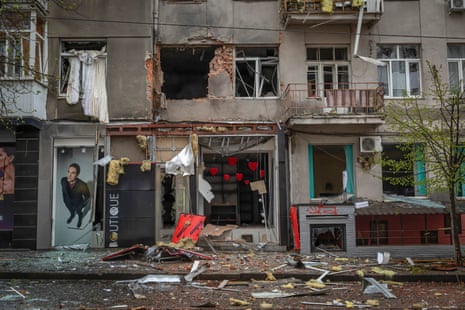 A destroyed shop can be seen in Kharkiv, after the centre of the city was hit by Russian artillery strikes, killing 5 and injuring 13.