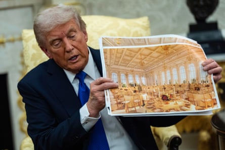 Plans on hold? … Trump showing off renderings of his proposed ballroom project in 2025.