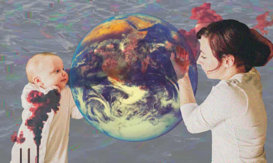 mother and child hold earth in illustration