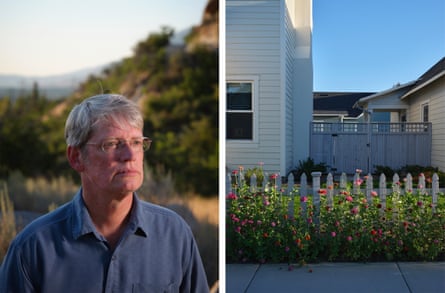 Left: Man with gray hair stands for a portrait outside. Right: A flower bush in front of a white picket fence