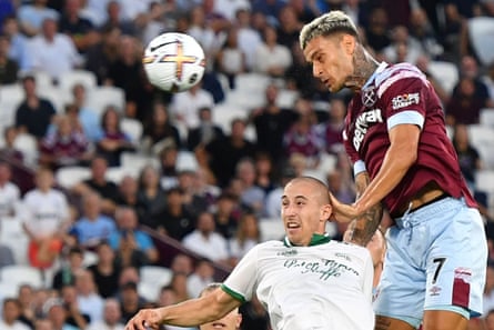 Big Gianluca Scamacca heading home the first goal in West Ham’s 3-1 win.