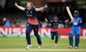 Anya Shrubsole celebrates after bowling Smrtri Mandhana.