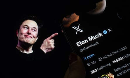 Elon Musk pointing at phone with X branding