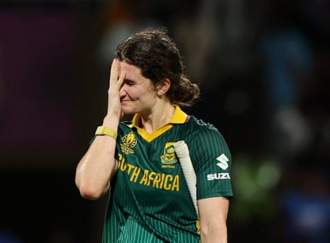 South Africa's Laura Wolvaardt looks dejected after her wicket is taken.