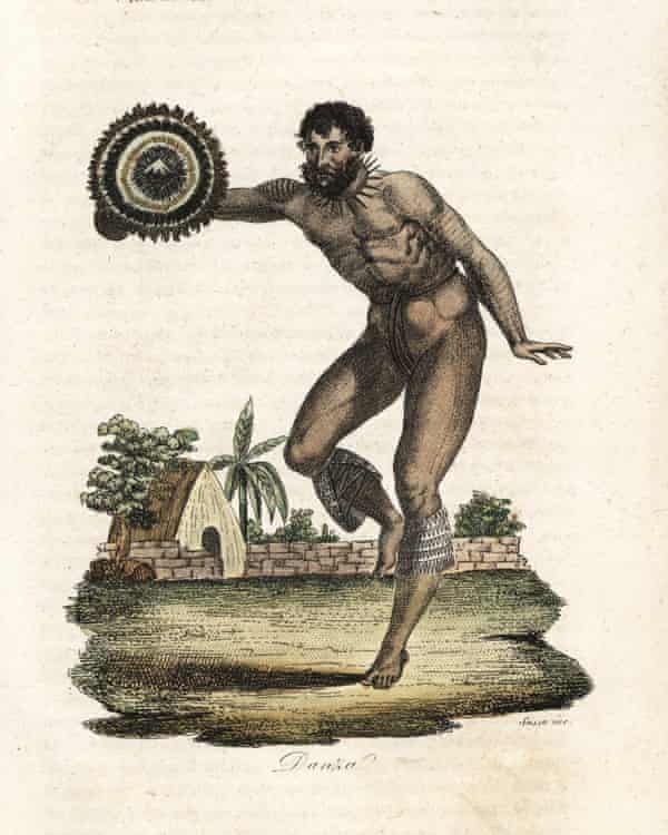 An engraving of a Hawaiian dancing for Captain Cook in 1788, after John Webber, 1844