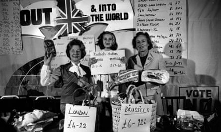 Barbara Castle and helpers display a variety of goods purchased in London and Brussels with the intention of showing that Britain should leave the Common Market.