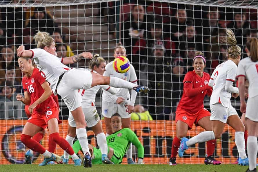 England’s defender Millie Bright opens the scoring against Canada with a volley.
