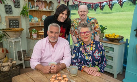 Noel Fielding, Matt Lucas, Paul Hollywood and Prue Leith in The Great British Bake tent .