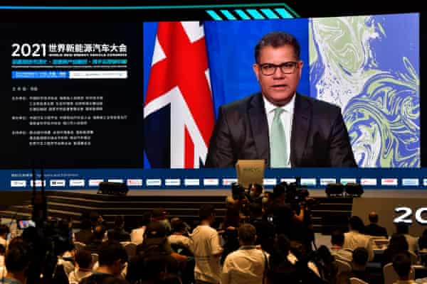 Alok Sharma, Cop26 president, delivering a speech via video link to the World New Energy Vehicles Congress (WNEVC) for alternative-fuel vehicles in Haikou, China, in September 2021