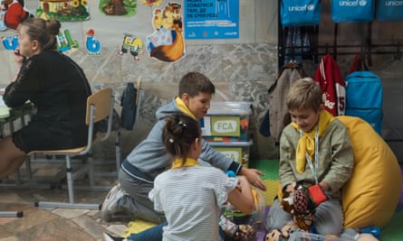 Kids play during a break between lessons at school in the metro station in Kharkiv, Ukraine on 21 September 2023.