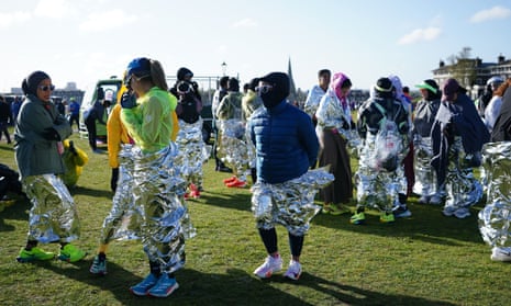 Competitors wearing tinfoil in before the London Marathon
