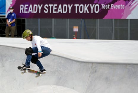 Japanese skater Taisei Kikuchi competes at a men’s park skateboarding test event. The event was held without spectators.