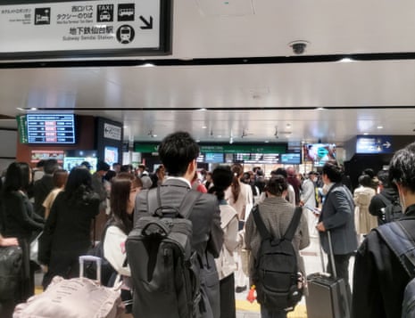 A crowded railway station as the Shinkansen services are suspended after an earthquake hit northern Japan, in Sendai city of Miyagi Prefecture on April 20, 2026.