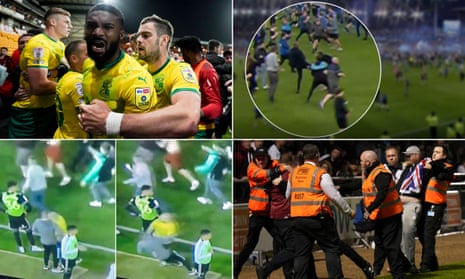 Clockwise from top left: Swindon’s Mandela Egbo reacts to Port Vale fans confronting him and his teammates; Patrick Vieira in an altercation with an Everton fan; stewards restrain Northampton fans; Billy Sharp is head-butted at Nottingham Forest.